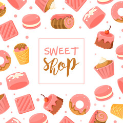 Sticker - Sweet Shop Banner Template, Bakery, Candy Shop, Cafe, Confectionery Card, Flyer, Poster, Flyer Design Cartoon Vector Illustration