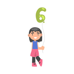 Poster - Cute Girl Holding Green Balloon Shaped as 6 Number Cartoon Style Vector Illustration