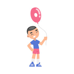 Sticker - Cute Boy Holding Pink Balloon Shaped as 0 Number Cartoon Style Vector Illustration