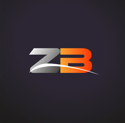 initial letter ZB logotype company name colored grey and orange swoosh design. isolated on black background.