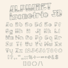 Fototapete - Vector isometric 3d font. Black-white collection of letters, numbers and punctuation marks