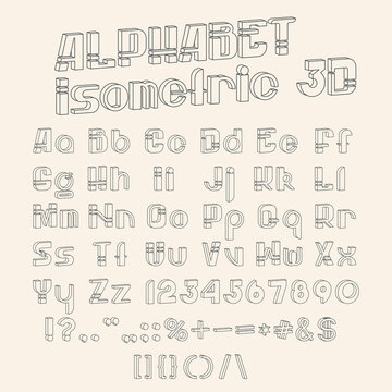 Vector isometric 3d font. Black-white collection of letters, numbers and punctuation marks