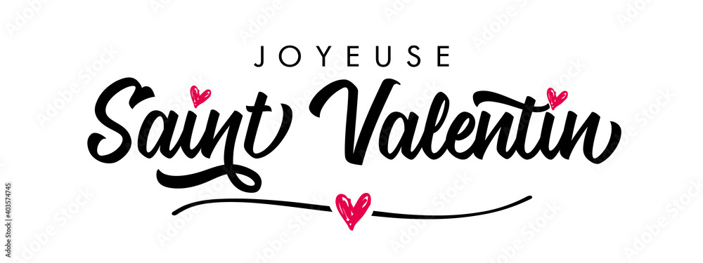 Joyeuse saint Valentin French calligraphy - Happy Valentines Day elegant card. Horizontal Valentine holiday lettering, romantic header for website template, France banner design. Festive vector - obrazy, fototapety, plakaty 