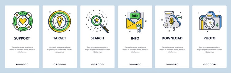 Target customer support. Search information, download file, photo. Mobile app screens, vector website banner template.