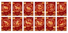 Chinese Zodiac Signs. Astrological Year Symbols, Asian Traditional Animals Horoscope Characters, Animal Silhouettes With Flowers, Ornaments And Clouds. Vector Cards Or Posters Set