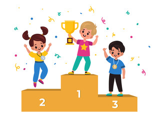 Wall Mural - kids winners. winning podium with junior athletes, children with medals and gold cup, champions rank