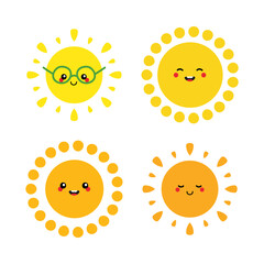 Wall Mural - Set, collection of happy and smiling cartoon sun characters in different shapes for summer design.