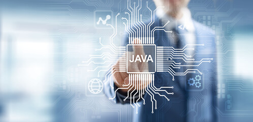 Wall Mural - Java programming language application and web development concept on virtual screen.