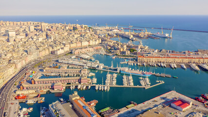 Genoa, Italy. Central part of the city, aerial view. Ships in the port, Aerial View