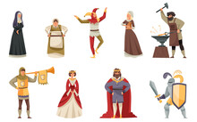 Medieval People Characters With Herald, King In Mantle And Blacksmith Vector Illustration Set