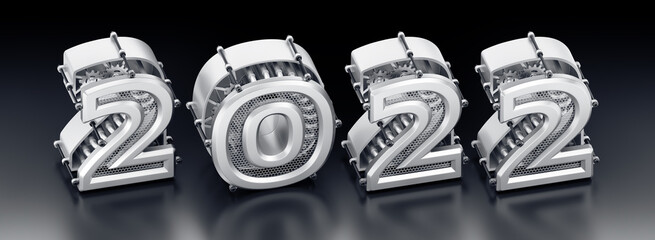 Aufkleber - The New Technological Year of 2022. Designed in the style of modern steampunk a row of 3D digits, which are composed into the number of 2022. 3D rendering graphics in isometric projection.