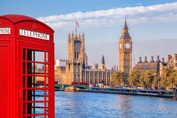 Fototapete - London symbols with BIG BEN, DOUBLE DECKER BUSES and Red Phone Booth in England, UK