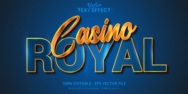 Casino Royal text, shiny golden and blue color style editable text effect