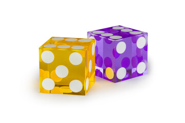 Two multicolored glass dice isolated on a white background. Yellow six and purple six with a slight shadow.