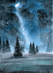 Watercolor illustration of night landscape with fir trees and grass under dark blue night starry sky