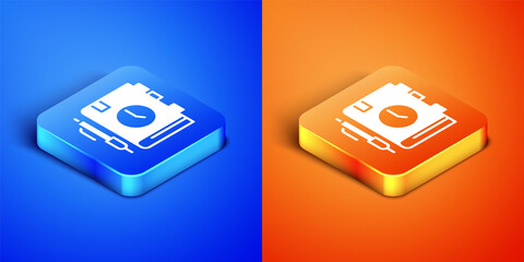 Sticker - Isometric Daily paper notepad icon isolated on blue and orange background. Square button. Vector.