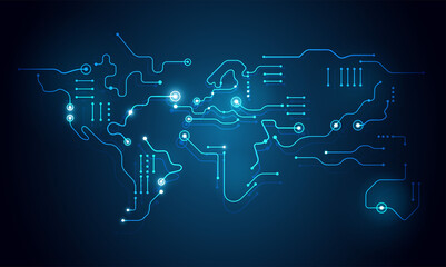 high tech abstract technology background - world map circuit board shape - vector
