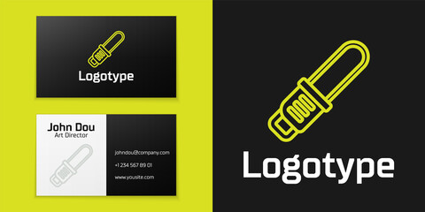 Sticker - Logotype line Chainsaw icon isolated on black background. Logo design template element. Vector.