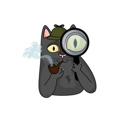 Wall Mural - Cartoon vector detective black cat with magnifying glass and pipe for tobacco