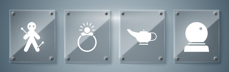 Poster - Set Magic ball, Magic lamp or Aladdin, Magic stone ring with gem and Voodoo doll. Square glass panels. Vector.