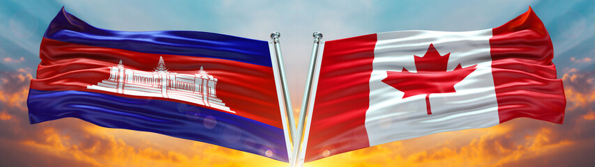 Double Flag Canada vs Cambodia flag waving flag with texture sky clouds and sunset background