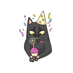 Wall Mural - Vector happy black cat celebrates birthday in a festive hat and . Cupcake with a candle, serpentine. Cute character design