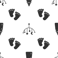 Poster - Set Baby bottle, Baby crib hanging toys and Baby footprints on seamless pattern. Vector.