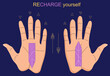 Recharge yourself with crystals.Indian palmistry. Hand with lines of energy and planets signs for personal horoscope.Jyotisha or Hindu astrology poster. Vedic symbols, arrows.Fortune telling.Vector