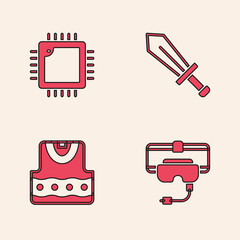 Sticker - Set Virtual reality glasses, Processor with CPU, Sword for game and Waistcoat icon. Vector.