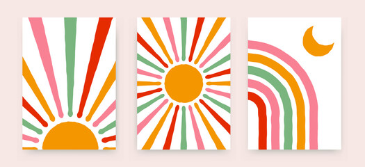 Wall Mural - abstract sun rainbow posters. boho childish backgrounds, contemporary covers. geometric vector wall 