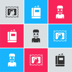 Poster - Set Postal stamp, Book and Nerd geek icon. Vector.