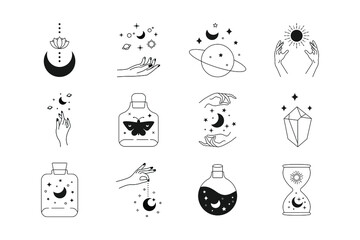 Boho doodle magic icons set. Mystic simple hand drawn logos crystal sun lotus moon, minimal fine line tattoo sketches. Abstract line vector collection