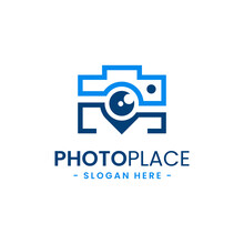Photo Point Logo Design Template. Abstract Combination Of Camera With Navigation Pin Icon Vector. Concept Of Place For Photography. Flat Style For Graphic Design, Logo, Web, UI.