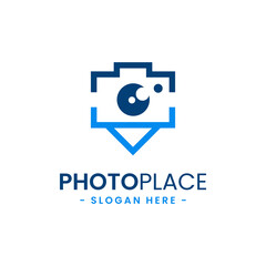 Photo point logo design template. Abstract combination of camera with navigation pin icon vector. Concept of place for photography. Flat style for graphic design, logo, web, UI.