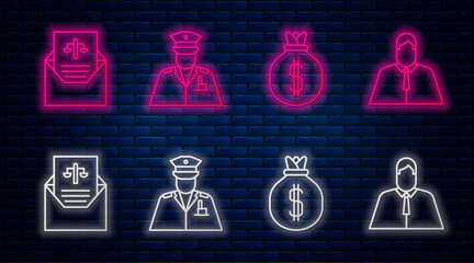 Poster - Set line Police officer, Money bag, Subpoena and Lawyer, attorney, jurist. Glowing neon icon on brick wall. Vector.