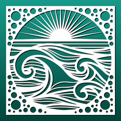 Sticker - Laser cut panel, sea landscape with waves and sun. Cnc cutting stencil for wall art and home decor, room screen, hanging, decorative tile, paper art. Vector illustration