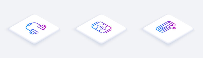 Aufkleber - Set Isometric line Headphones, Energy drink and Certificate template. White square button. Vector.