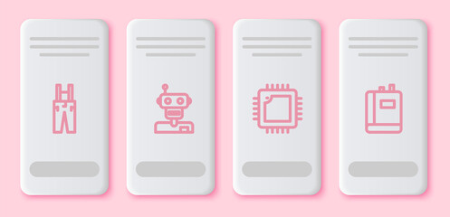 Aufkleber - Set line Pants with suspenders, Robot, Processor CPU and Book. White rectangle button. Vector.