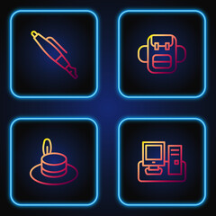 Sticker - Set line Monitor with keyboard, Man hat, Fountain pen nib and School backpack. Gradient color icons. Vector.