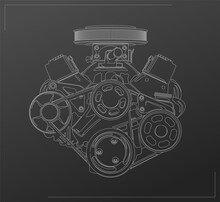 Realistic V8 Engine With Contour Lines, Vector Illustration.