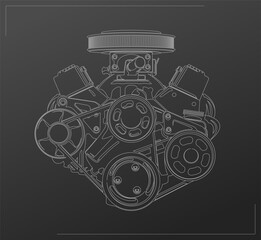 Realistic V8 engine with contour lines, vector illustration.