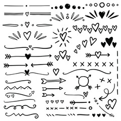 Aufkleber - Hand drawn hearts and arrows dividers. Bullet journal web visual note sketch elements. Isolated graphic vector object set.
