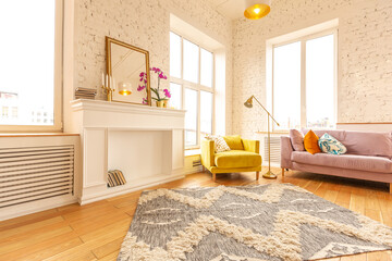 Scandinavian style apartment interior. bright yellow warm colors. wooden flooring. sunlight in large windows.