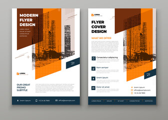 Wall Mural - Flyer template layout design. Orange Corporate business flyer mockup. Creative modern vector flier concept with dynamic abstract shapes on background