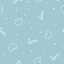 Love And Heart Constellations - Valentine's Vector Seamless Pattern On Light Blue Background - For Fabric, Wrapping, Textile, Wallpaper, Background.
