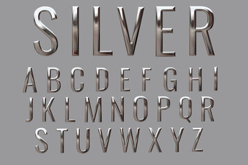 alphabet letter set with glossy metal texture (chrome, steel, silver) isolated on grey background, 3