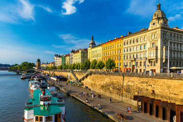 Wall Mural - Scenic embankment in Prague city; Historical center of Prague, buildings and landmarks of old town, Prague, Czech Republic