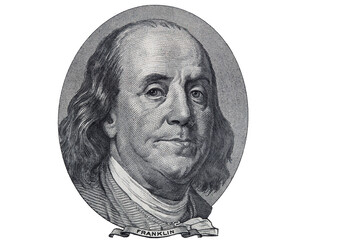 Wall Mural - Benjamin Franklin cut on old 100 dollars banknote isolated on white background