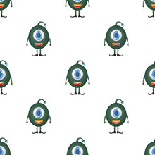Seamless Pattern With One-eyed Round Green Monster. Good For Postcards, Backdrops, Gift Paper And Books. Vector.