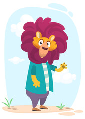 Cartoo lion wearing black modern fashion clothes. Vector illustration of hipster style lion character